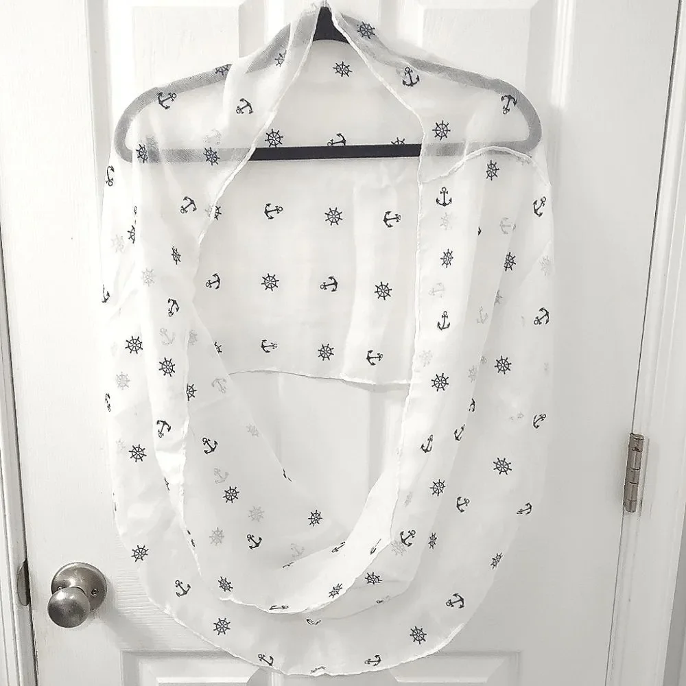 NWOT Nautical Navy Anchors Sheer White Infinity Scarf
